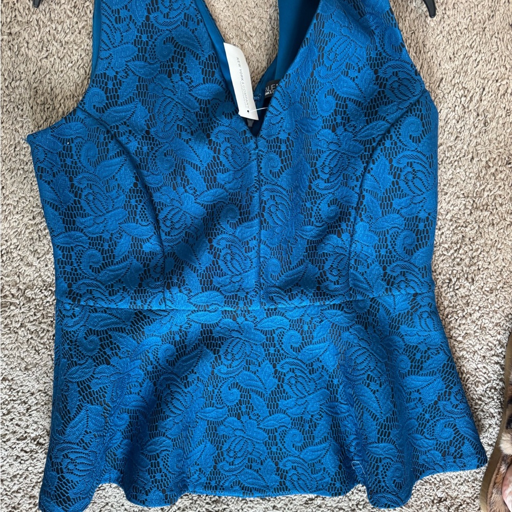 NWT New York & Company Blue Lace Peplum Blouse